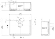 Nuie 595mm x 450mm x 220mm Fireclay White 1 Tap Hole Single Bowl Butler Sink With Offset Waste And Overflow (BU13124) line drawing