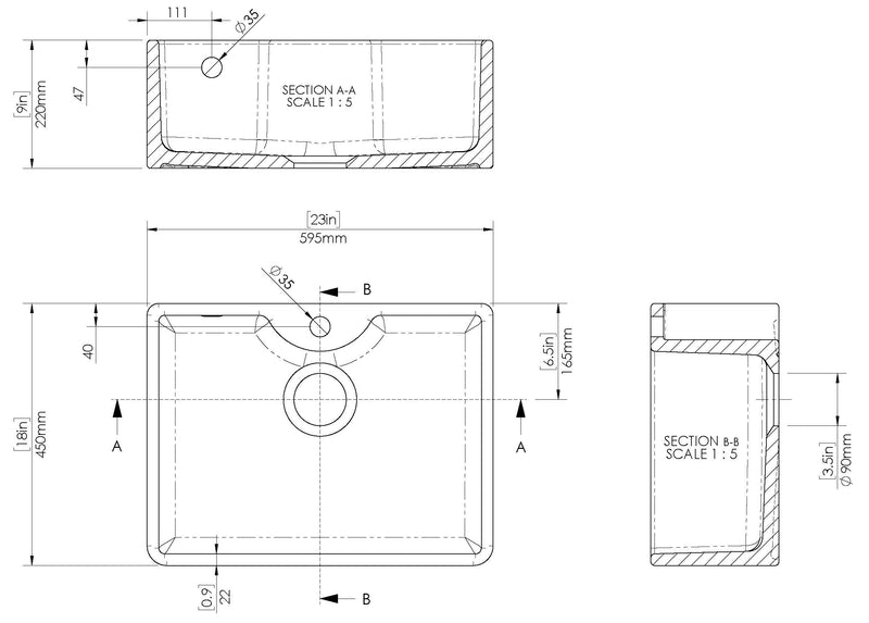 Nuie 595mm x 450mm x 220mm Fireclay White 1 Tap Hole Single Bowl Butler Sink With Offset Waste And Overflow (BU13124) line drawing