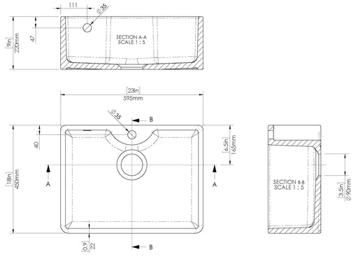 Nuie 595mm x 450mm x 220mm Fireclay White 1 Tap Hole Single Bowl Butler Sink With Offset Waste And Overflow (BU13124) line drawing