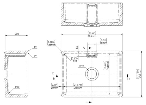 Nuie 595mm x 450mm x 220mm Fireclay White Single Bowl Belfast Sink With Central Waste And Weir Overflow (BE13024) line drawing