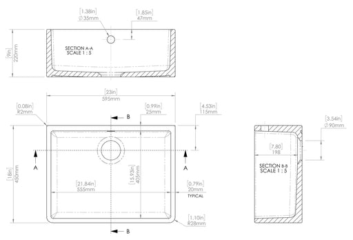 Nuie 595mm x 450mm x 220mm Fireclay White Single Bowl Butler Sink (BUSB10024) line drawing