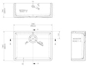 Nuie 595mm x 450mm x 220mm Fireclay White Single Bowl Butler Sink With Offset Waste And Overflow (BU10124) line drawing
