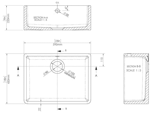 Nuie 595mm x 450mm x 220mm Fireclay White Single Bowl Butler Sink With Offset Waste And Overflow (BU10124) line drawing