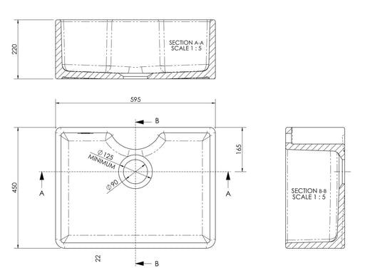 Nuie 595mm x 450mm x 220mm Fireclay White Single Bowl Butler Sink With Offset Waste And Tap Ledge (BU12024) line drawing