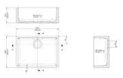 Nuie 595mm x 450mm x 220mm Fireclay White Single Bowl Butler Sink With Offset Waste (BU10024) line drawing