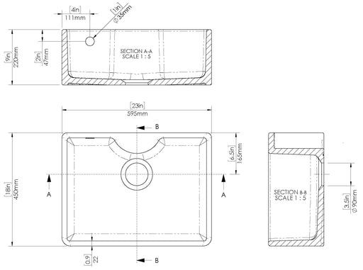 Nuie 595mm x 450mm x 220mm Fireclay White Single Bowl Butler Sink With Tap Ledge And Overflow (BU12124) line drawing