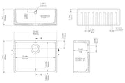 Nuie 595mm x 450mm x 220mm Fireclay White Single Bowl Fluted Butler Sink With Offset Waste And Overflow (BUF10124) line drawing