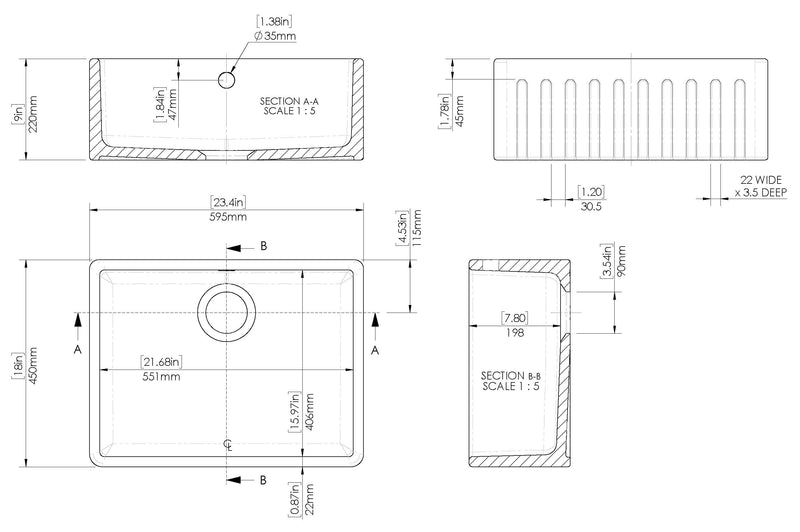 Nuie 595mm x 450mm x 220mm Fireclay White Single Bowl Fluted Butler Sink With Offset Waste And Overflow (BUF10124) line drawing