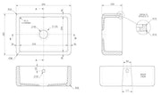 Nuie 595mm x 450mm x 220mm Fireclay White Single Bowl Traditional Thick Walled Butler Sink (BU17124) line drawing
