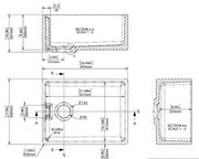 Nuie 595mm x 455mm x 254mm Fireclay Soft Black Single Bowl Belfast Sink With Offset Waste And Weir Overflow (BE40024) line drawing