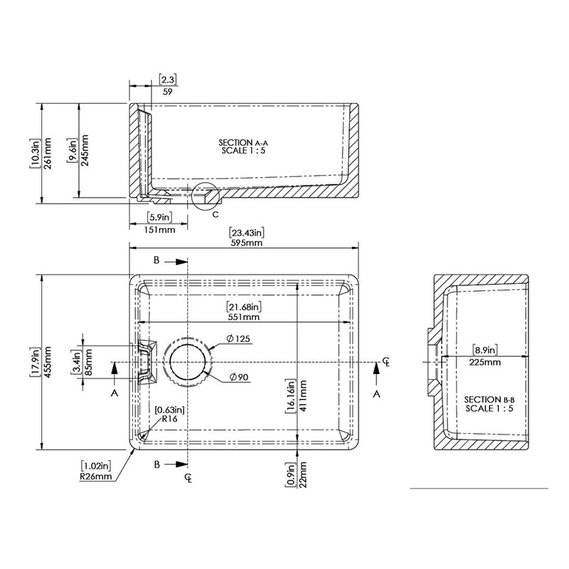 Nuie 595mm x 455mm x 254mm Fireclay White Single Bowl Belfast Sink With Offset Waste And Weir Overflow (BE10024) line drawing