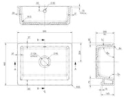Nuie 595mm x 460mm x 200mm Fireclay White Single Bowl Overmount Butler Sink (BU19124) line drawing