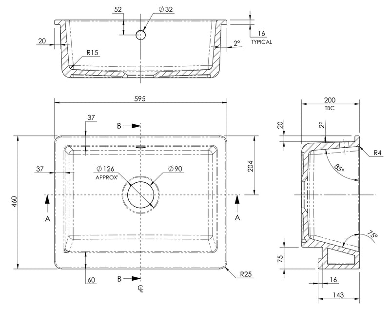 Nuie 595mm x 460mm x 200mm Fireclay White Single Bowl Overmount Butler Sink (BU19124) line drawing