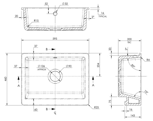 Nuie 595mm x 460mm x 200mm Fireclay White Single Bowl Overmount Butler Sink (BU19124) line drawing