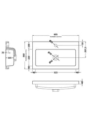 Nuie 600mm Polymarble Rectangular Basin 1 Tap Hole White (PMB313) line drawing