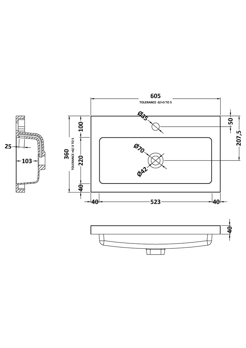 Nuie 600mm Polymarble Rectangular Basin 1 Tap Hole White (PMB313) line drawing