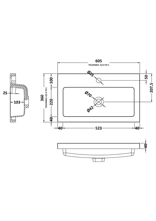 Nuie 600mm Polymarble Rectangular Basin 1 Tap Hole White (PMB313) line drawing