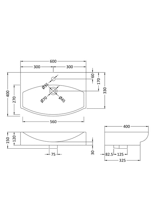 Nuie 600mm Wall Hung Basin 1 Tap Hole White (NBV165) line drawing