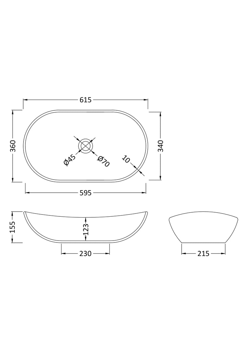 Nuie 615mm oval counter top basin line drawing with dimensions