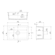 Nuie 711mm x 482mm Fireclay White Single Bowl Rectangular Inset Sink With Central Waste And Overflow (PS11628) line drawing