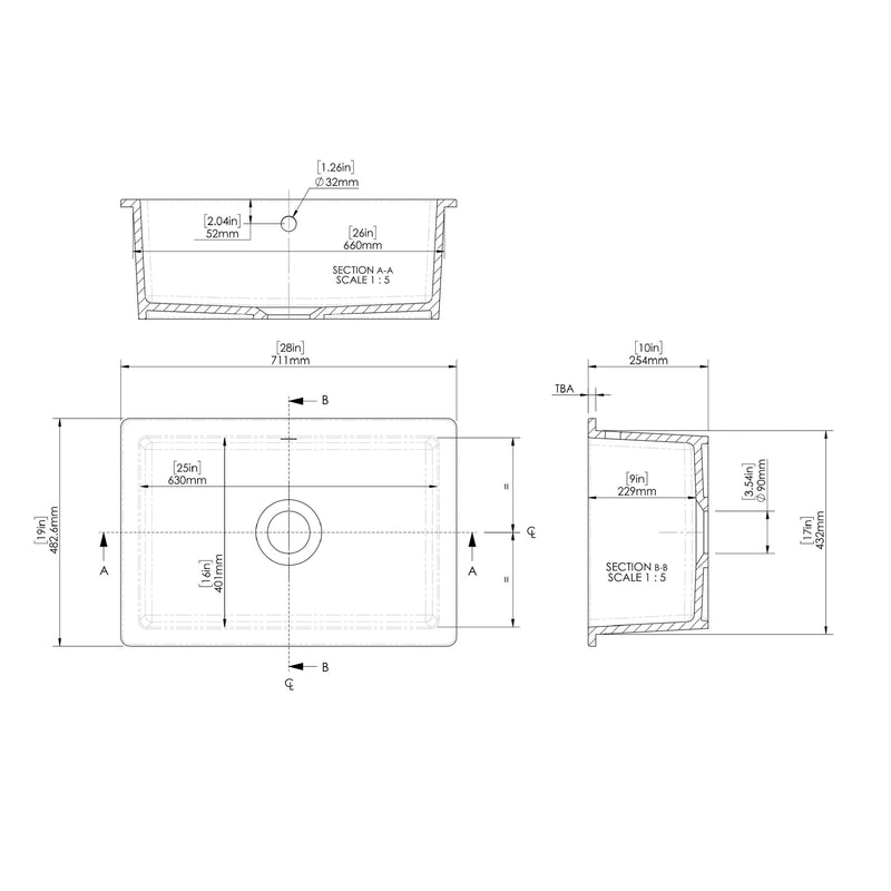 Nuie 711mm x 482mm Fireclay White Single Bowl Rectangular Inset Sink With Central Waste And Overflow (PS11628) line drawing