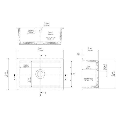 Nuie 711mm x 482mm Fireclay White Single Bowl Rectangular Inset Sink With Central Waste And Overflow (PS11628) line drawing