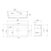 Nuie 762mm x 457mm Fireclay White Single Bowl Rectangular Inset Sink With Central Waste And Overflow (PS12630) line drawing