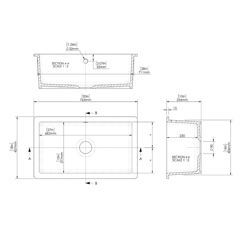 Nuie 762mm x 457mm Fireclay White Single Bowl Rectangular Inset Sink With Central Waste And Overflow (PS12630) line drawing