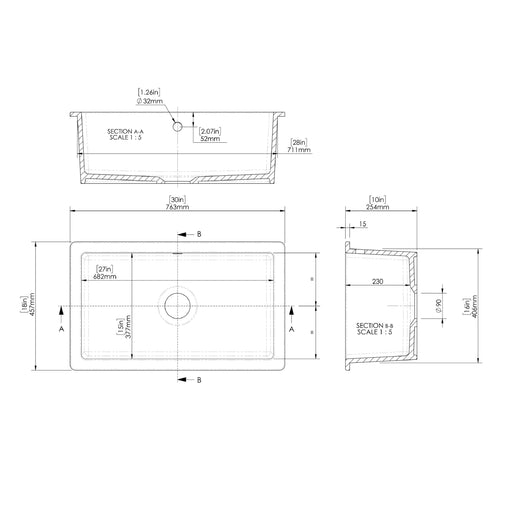 Nuie 762mm x 457mm Fireclay White Single Bowl Rectangular Inset Sink With Central Waste And Overflow (PS12630) line drawing