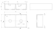 Nuie 795 x 460 x 220mm Fireclay Double Bowl Butler Sink with Ledge, Wire Grid & Chopping Board White (BU181AF32DBBG) line drawing