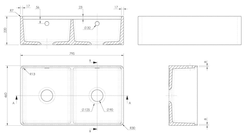 Nuie 795 x 460 x 220mm Fireclay Double Bowl Butler Sink with Ledge, Wire Grid & Chopping Board White (BU181AF32DBBG) line drawing