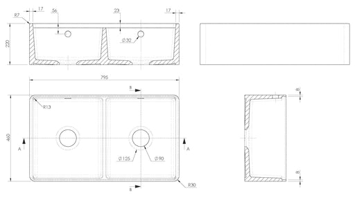 Nuie 795 x 460 x 220mm Fireclay Double Bowl Butler Sink with Ledge, Wire Grid & Chopping Board White (BU181AF32DBBG) line drawing