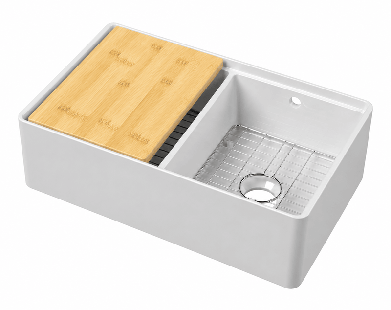 Nuie 795 x 460 x 220mm Fireclay Double Bowl Butler Sink with Ledge, Wire Grid & Chopping Board White (BU181AF32DBBG)