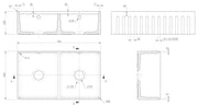 Nuie 795 x 460 x 220mm Fireclay Double Bowl Fluted Butler Sink with Ledge, Wire Grid & Chopping Board White (BUF181AF32DBBG) line drawing
