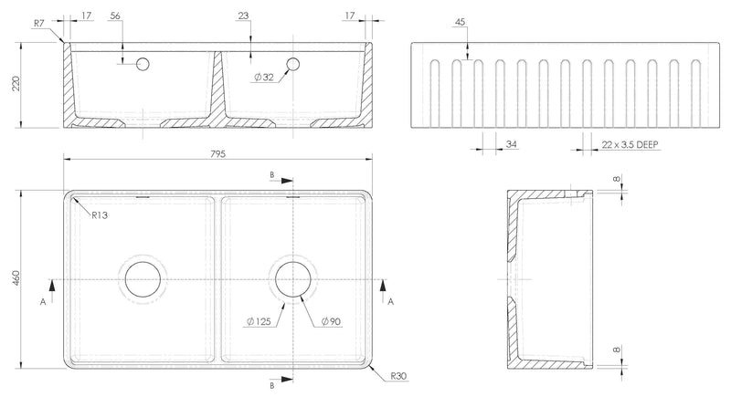 Nuie 795 x 460 x 220mm Fireclay Double Bowl Fluted Butler Sink with Ledge, Wire Grid & Chopping Board White (BUF181AF32DBBG) line drawing