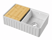 Nuie 795 x 460 x 220mm Fireclay Double Bowl Fluted Butler Sink with Ledge, Wire Grid & Chopping Board White (BUF181AF32DBBG)