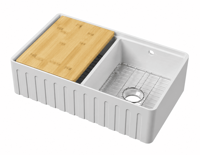 Nuie 795 x 460 x 220mm Fireclay Double Bowl Fluted Butler Sink with Ledge, Wire Grid & Chopping Board White (BUF181AF32DBBG)