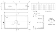 Nuie 795 x 460 x 220mm Fireclay Single Bowl Butler Sink with Ledge, Wire Grid & Chopping Board White (BU18132BBG) line drawing
