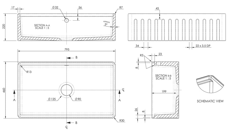 Nuie 795 x 460 x 220mm Fireclay Single Bowl Butler Sink with Ledge, Wire Grid & Chopping Board White (BU18132BBG) line drawing