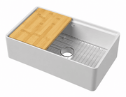 Nuie 795 x 460 x 220mm Fireclay Single Bowl Butler Sink with Ledge, Wire Grid & Chopping Board White (BU18132BBG)