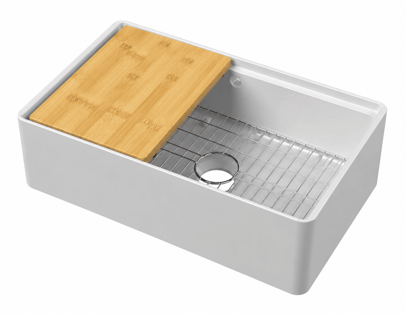 Nuie 795 x 460 x 220mm Fireclay Single Bowl Butler Sink with Ledge, Wire Grid & Chopping Board White (BU18132BBG)