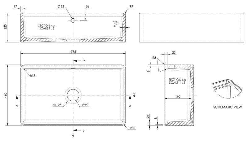 Nuie 795 x 460 x 220mm Fireclay Single Bowl Fluted Butler Sink with Ledge, Wire Grid & Chopping Board White (BUF18132BBG) line drawing
