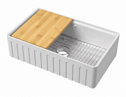 Nuie 795 x 460 x 220mm Fireclay Single Bowl Fluted Butler Sink with Ledge, Wire Grid & Chopping Board White (BUF18132BBG)