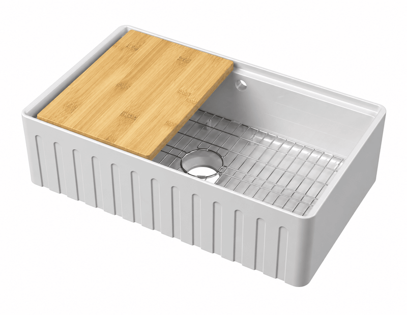 Nuie 795 x 460 x 220mm Fireclay Single Bowl Fluted Butler Sink with Ledge, Wire Grid & Chopping Board White (BUF18132BBG)