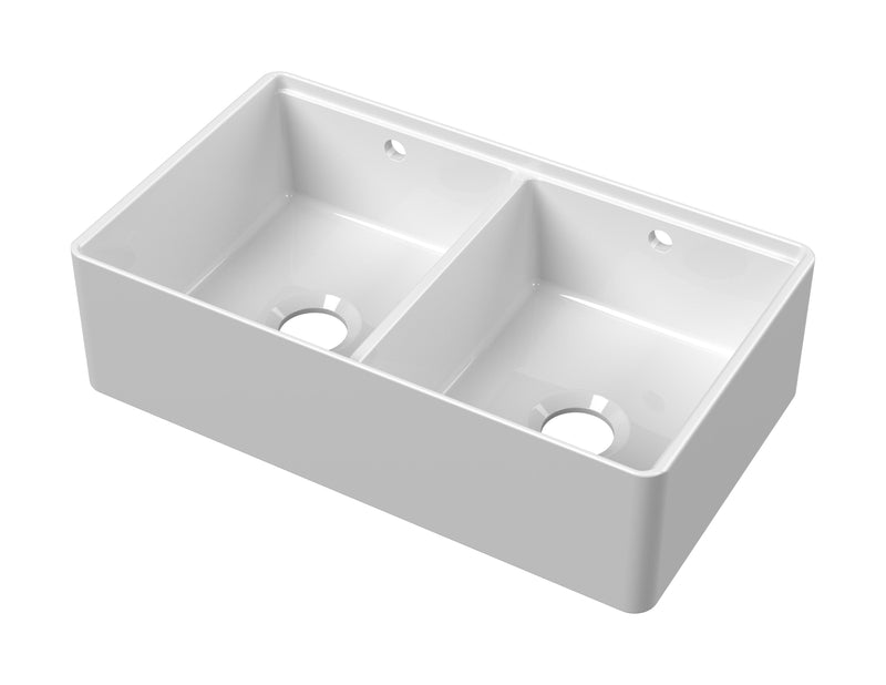 Nuie 795mm x 460mm x 220mm Fireclay White Double Bowl Butler Sink With Ledge (BU181AF32D)