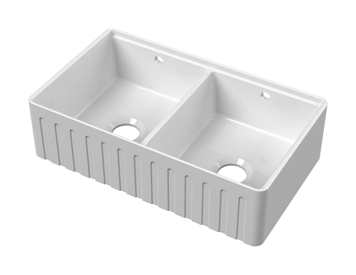 Nuie 795mm x 460mm x 220mm Fireclay White Double Bowl Fluted Butler Sink With Ledge (BUF181AF32D)