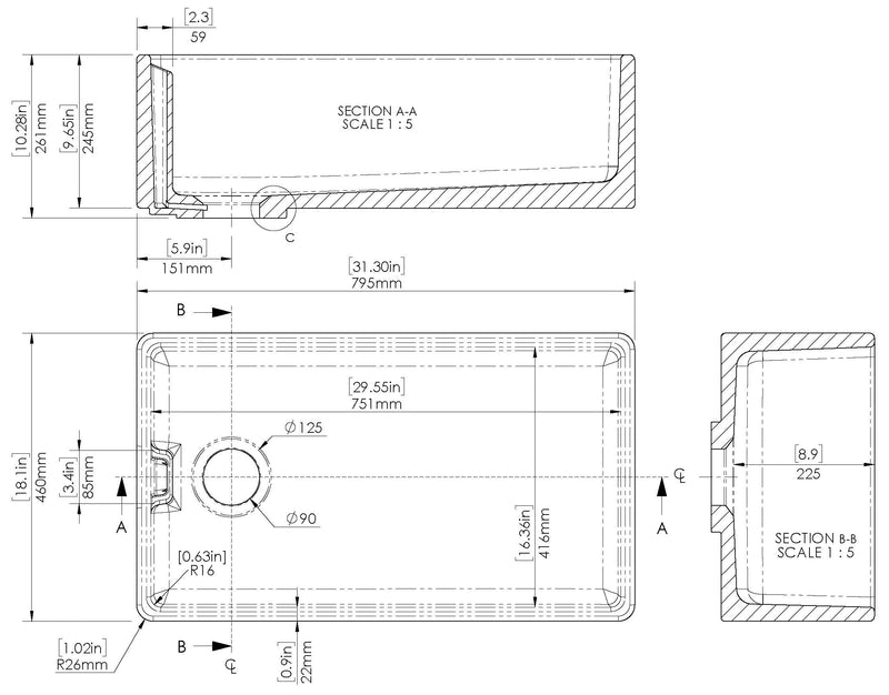 Nuie 795mm x 460mm x 245mm Fireclay White Single Bowl Belfast Sink With Offset Waste And Weir Overflow (BE10032) line drawing