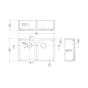 Nuie 795mm x 500mm x 220mm Fireclay Soft Black Double Bowl Butler Sink With Full Weir and Offset Waste (BU420AF32D) line drawing