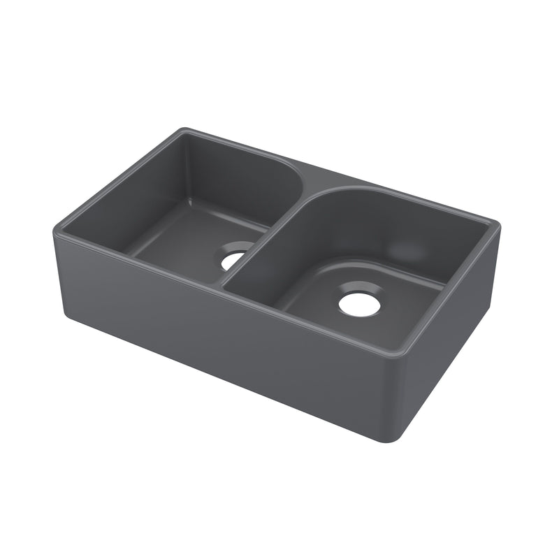 Nuie 795mm x 500mm x 220mm Fireclay Soft Black Double Bowl Butler Sink With Full Weir and Offset Waste (BU420AF32D)