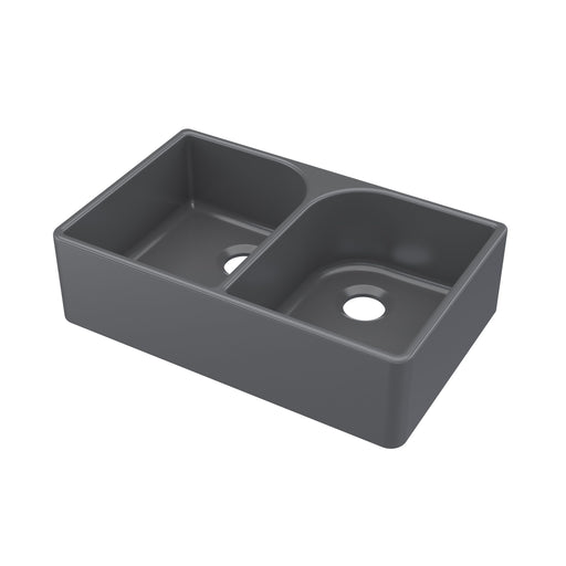 Nuie 795mm x 500mm x 220mm Fireclay Soft Black Double Bowl Butler Sink With Full Weir and Offset Waste (BU420AF32D)